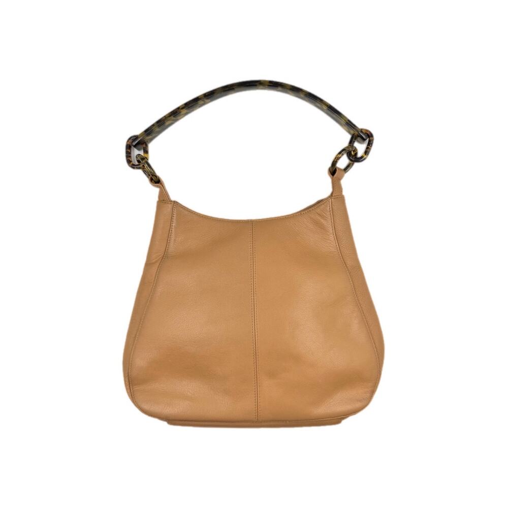 Apostrophe Y2K Tortoise Acrylic Handle Tan Leather Snap Closure Hobo Bag Purse